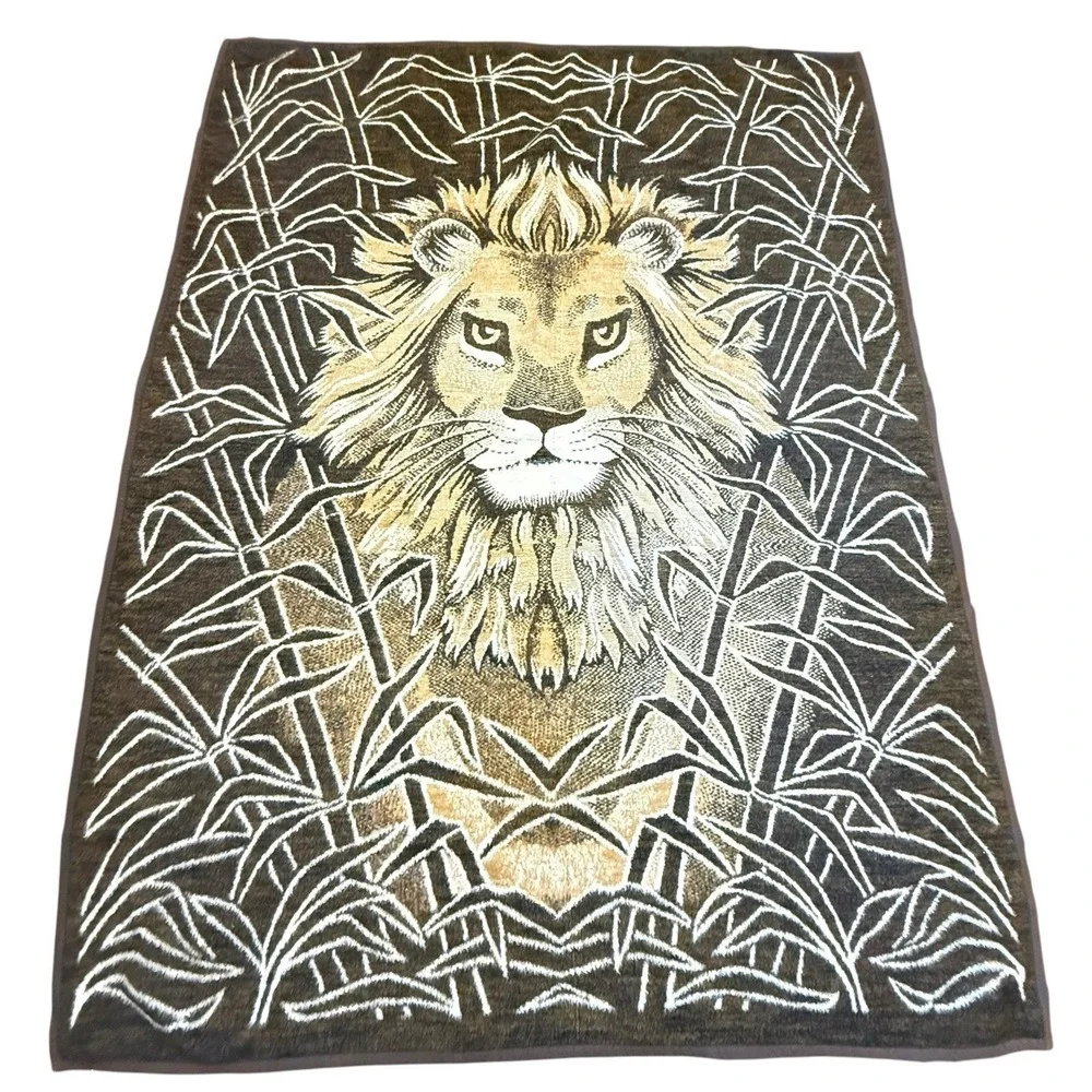 Biederlack Lion Blanket West Germany Reversible Acrilan 73x55 Brown Tan Vintage